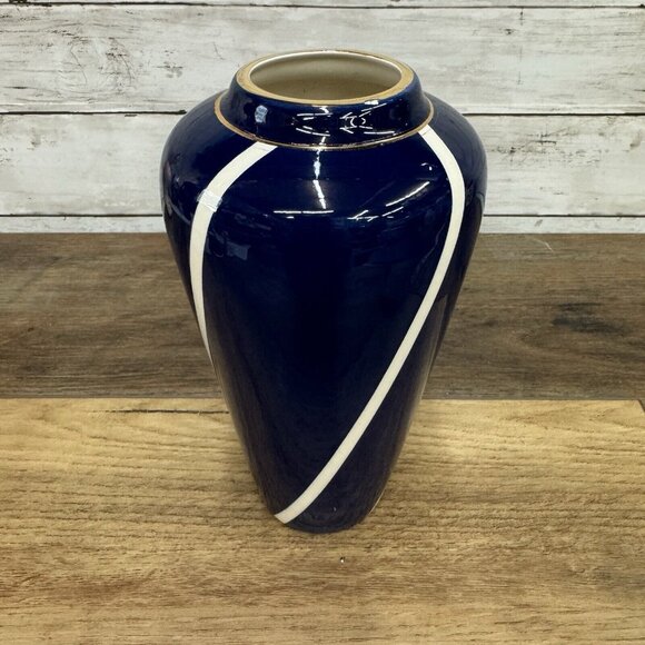 Vintage Cylinder Navy Vase With White and Gold Decoration McDonough Art Deco - Picture 3 of 10